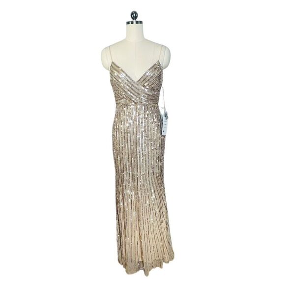 Mac Duggal 10817 Sequin Spaghetti Strap Gold Formal Gown | Size 2 - Picture 4 of 12